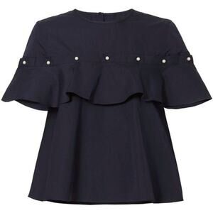 Jonathan Simkhai Navy Pearl Detail Ruffle Blouse